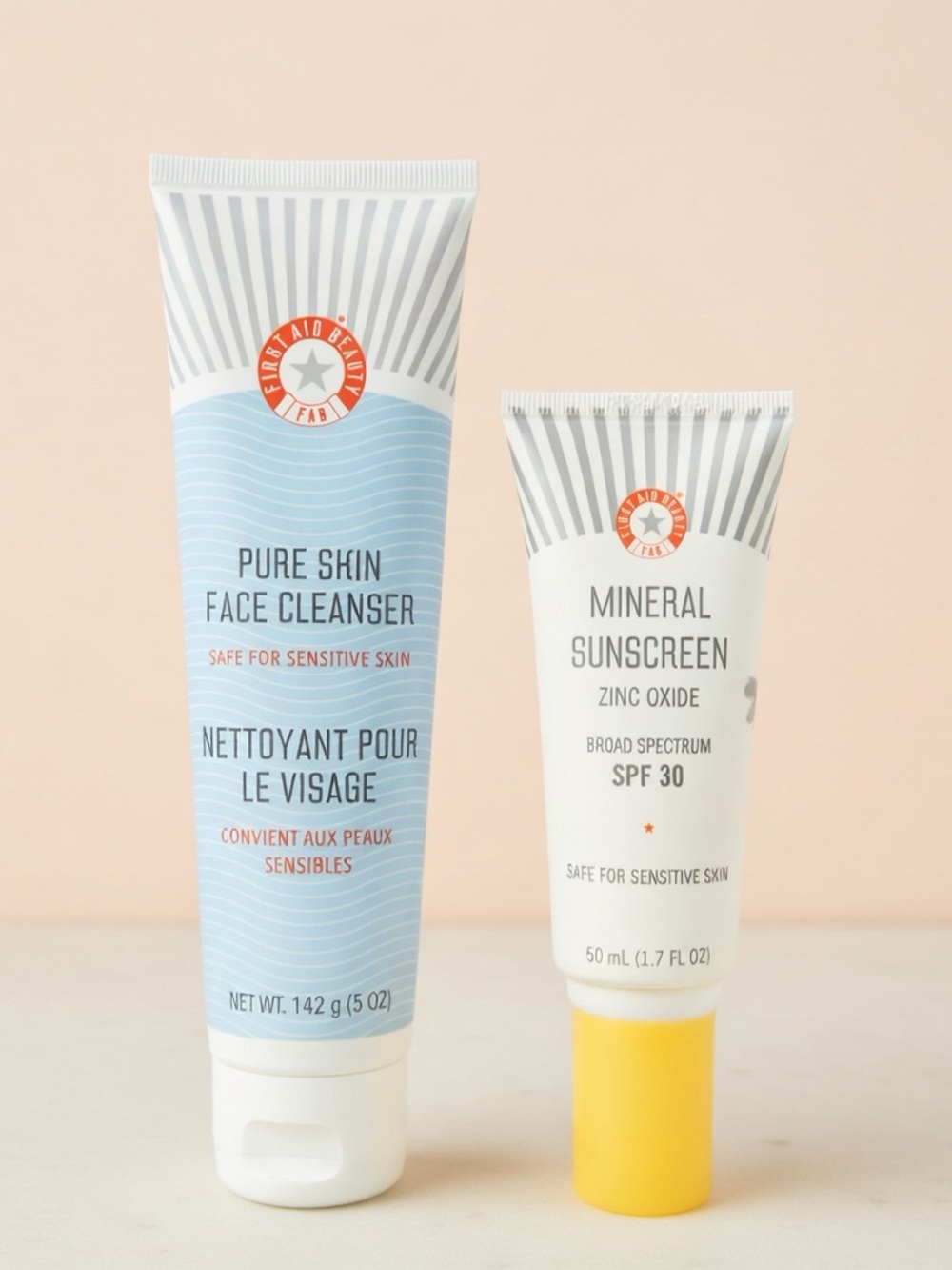 First Aid Beauty Pure Skin Face Cleanser + Mineral Sunscreen (Blue, White) Combo